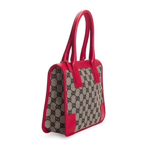 Gucci GG Canvas Tote Bag – Red Leather Trim | Vintage Designer Shoulder Bag - Picture 3 of 10